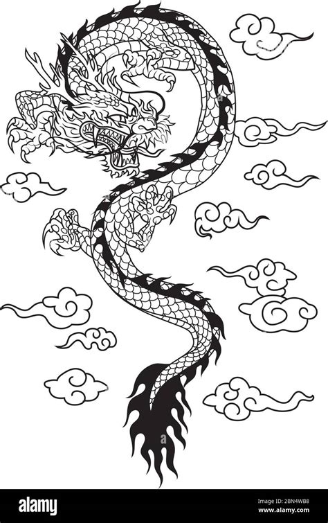 Hand Draw Chinese Dragon Tattoo Illustrator Vector Outline Stock Vector