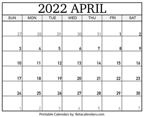 Free Printable April 2022 Calendar