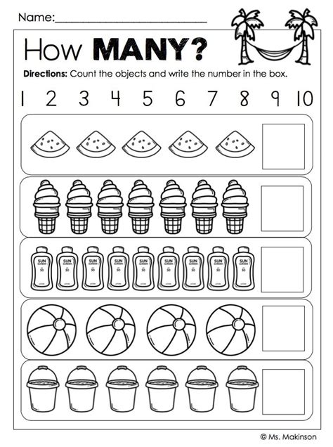 SUMMER Printables for Kindergarten - How Many? Counting (1-10