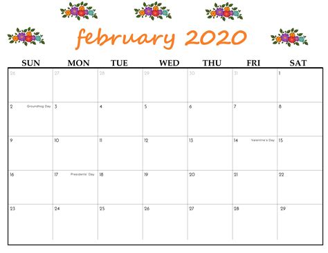 February 2021 calendar with holidays available for print or download. Cute February 2020 Calendar - Printable Editable Template ...