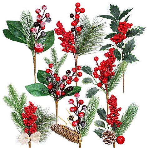 16 Pack Artificial Christmas Picks Assorted Red Berry Picks Stems Faux
