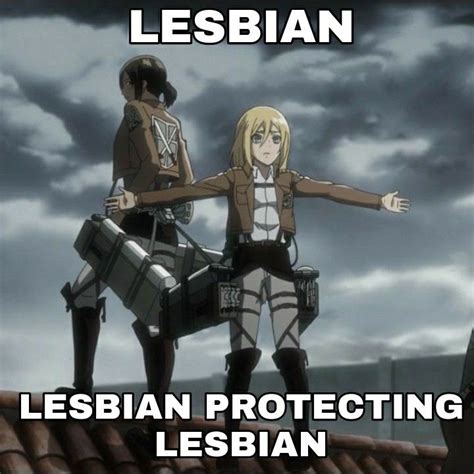 two people standing on top of a roof with the caption lesbian lesbians are protecting lesbian