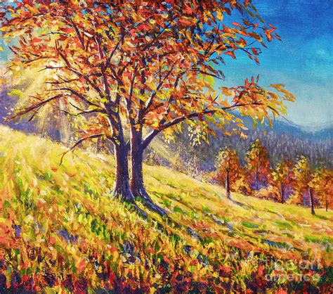 Sunny Autumn Tree In Field Hand Painted Painting By Rybakow Painting