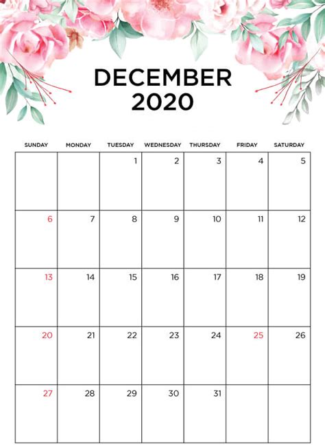 Floral December 2020 Wall Calendar October Calendar Printable Free