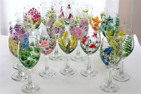 Set Of 18 Hand Painted Wine Glasses Wild Flowers Pacific