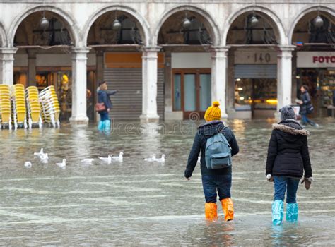 Tourists In San Marco Square With High Tide Venice Italy Editorial Image Image Of High