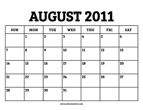 Calendar August 2011 Printable Old Calendars