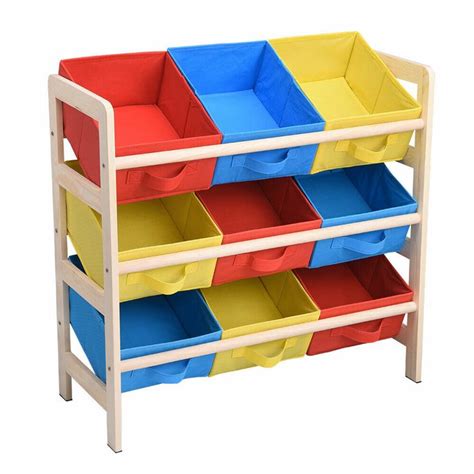 Toy Storage Organizer Wood Frame Shelf With 9 Removable Bins For Fun