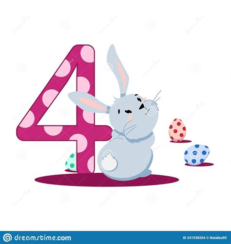 Number Four And Gray Easter Bunny With Colored Eggs Stock Illustration