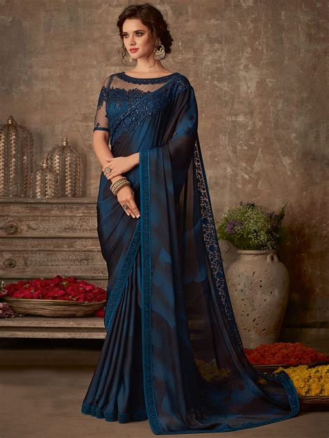 Dark Blue And Black Silk Designer Saree With Embroidered Border In 2020