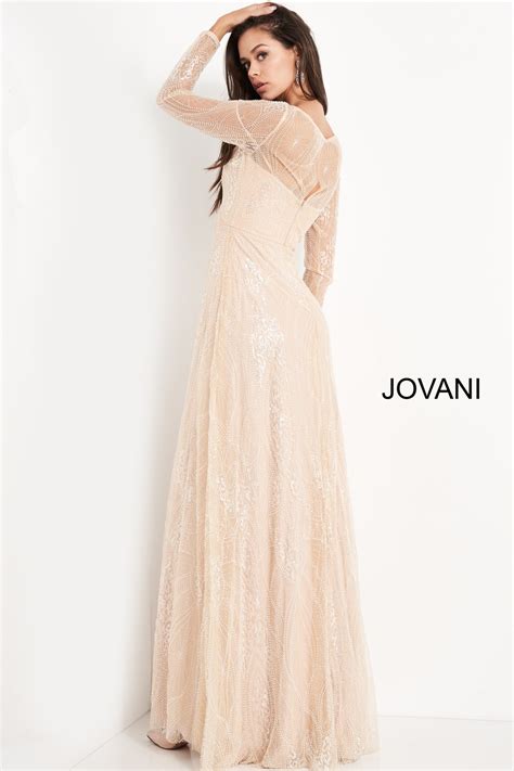 Jovani Nude Sheer Neckline Maxi Evening Dress