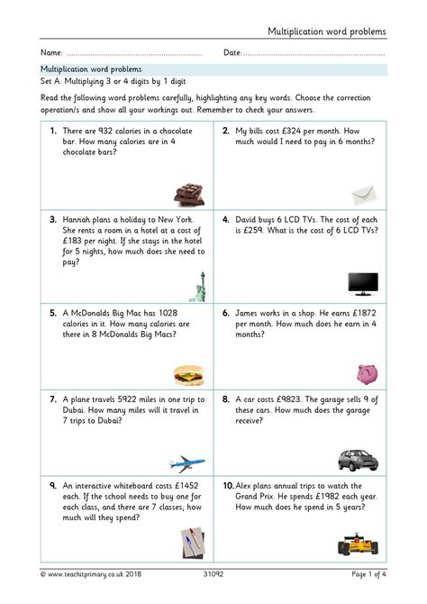 These worksheets require the students to differentiate between the phrasing of a story problem that requires multiplication versus one that requires division to. Multiplication word problems