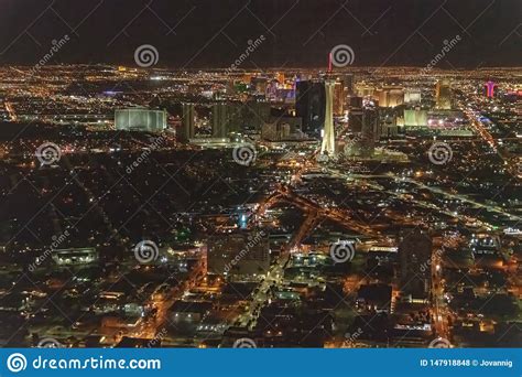 Night Aerial View Of Las Vegas Skyline From Helicopter Stock Photo