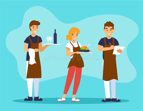 Waiters And Waitress Are Holding Trays Of Food And Drinks Restaurant Or Cafe Team Stock Vector
