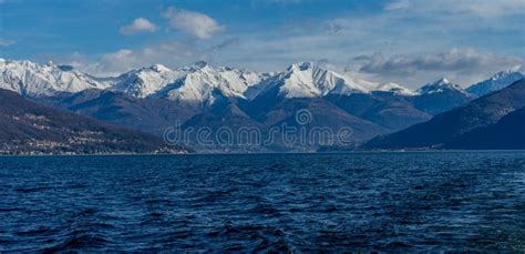 Italy Bellagio Lake Como With Snow Covered Peaks Background Stock