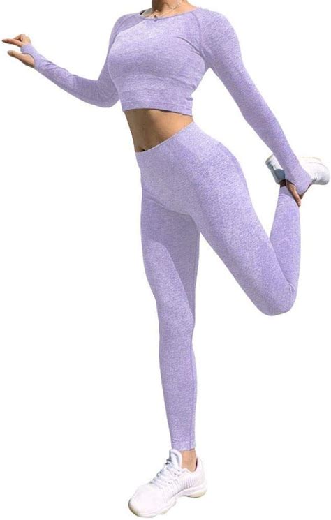 active yoga seamless high waist two piece legging set small purple at amazon women s clothing