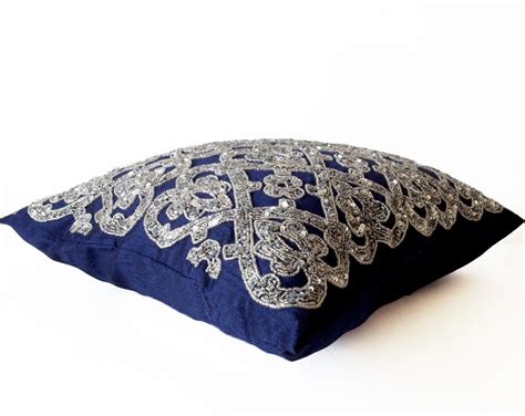 Sequin Navy Blue Throw Pillow Silver Bead Pillow Decorative Etsy In
