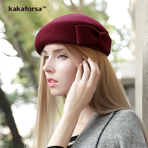Kakaforsa Women Wool Beret Hats Autumn Winter Ladies Cute Bowknot Berets British Style Female