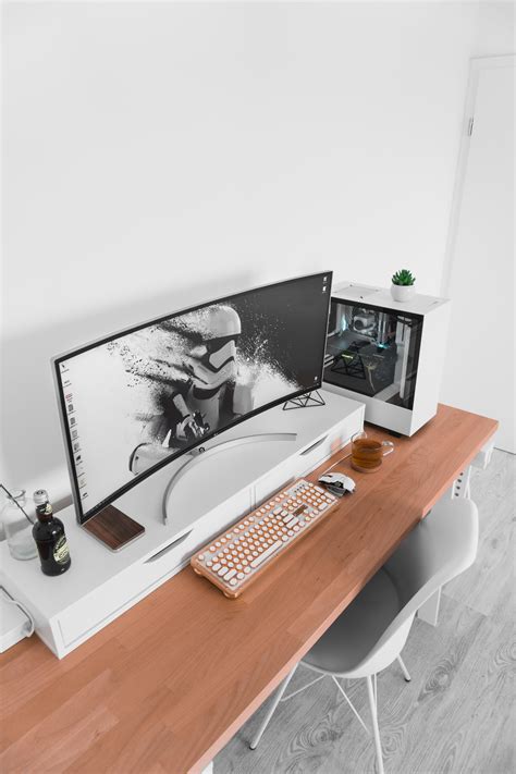 Ultrawide Monitor Minimal Gaming Battlestation Home Office Setup Computer Desk Setup Gaming