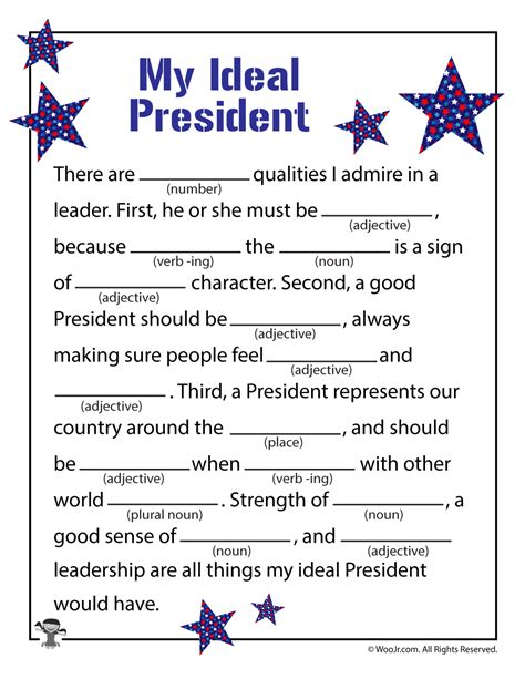This free mad libs printable for kids will help you share this silly scenario short story experience with your kids. My Ideal President Funny Mad Libs Printable | Woo! Jr ...