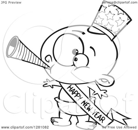 Cartoon Clipart Of A Black And White Cartoon New Year Baby Blowing A