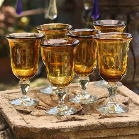 Hand Blown Goblets Glasses Set Of 6 Mexico Golden Amber Novica