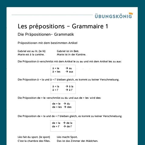 Königspaket Präpositionen Les Prépositions Französisch 1 Lernjahr