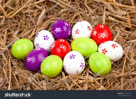 Closeup Colorful Painted Easter Eggs Hidden Stock Photo