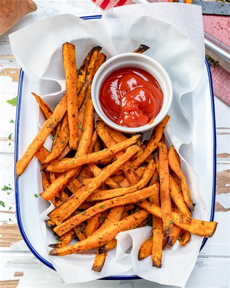 Fried sweet potato fries with spicy sweet potato fries dipping saucemy turn for us. These Baked Sweet Potato Fries are Clean Eating Approved ...