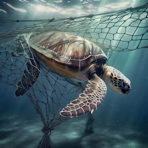 Premium Ai Image A Sea Turtle Is Tangled In A Fishing Net