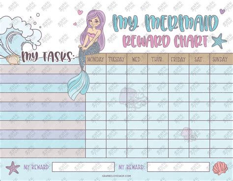Digital Cute Mermaid Girls Printable Reward Chart With Blank Tasks