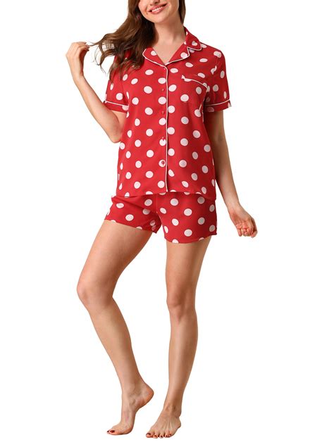 Allegra K Allegra K Womens Short Sleeve Pajama Sets Polka Dots Sleepwear Notch Collar Button