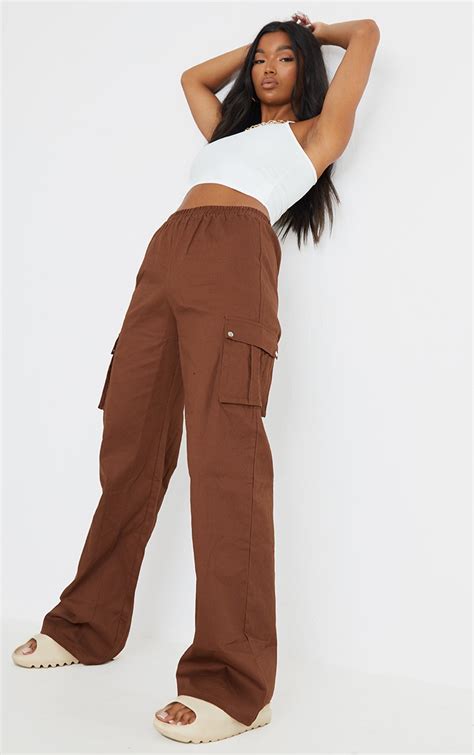 Chocolate Wide Leg Cargo Trousers Trousers Prettylittlething Usa