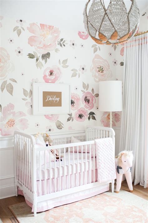 Blush Pink White And Sage Green Floral Nursery With Faux Fur Rug And