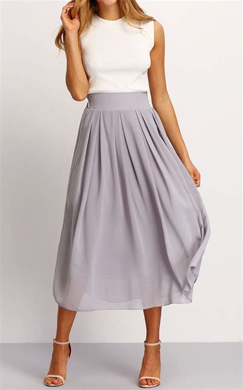 Elastic Waist Maxi Skirt Grey With White Top And Sandal Heels Perfect