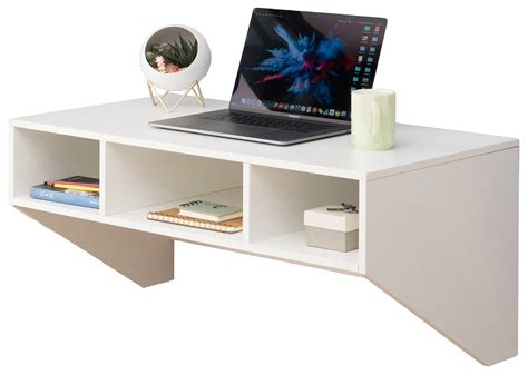 Wall Mounted Office Computer Desk With Three Compartments White