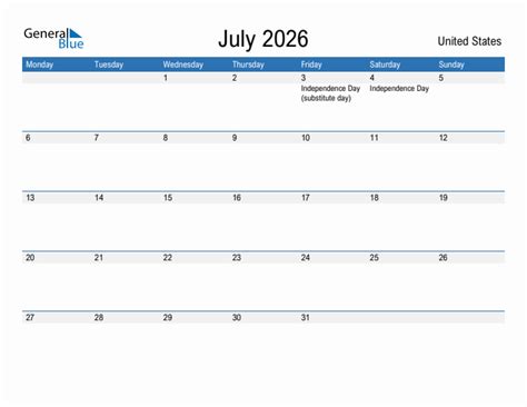 July 2026 United States Monthly Calendar With Holidays