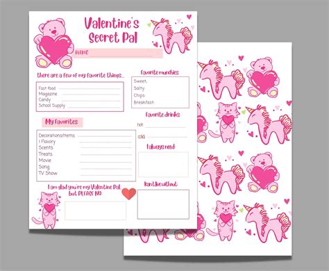 Valentines Day Secret Pal Questionnaire Printable T Exchange Wish