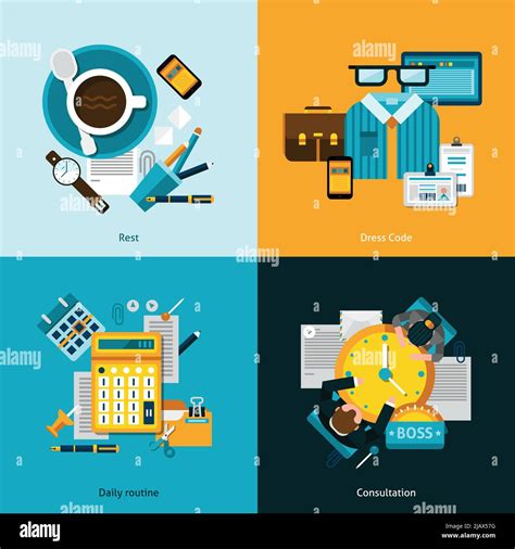 Office Design Concept Set With Daily Routine Flat Icons Isolated Vector