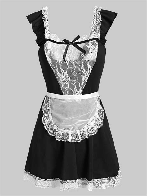 37 Off 2021 Lace Panel Ruffle Plus Size French Maid Costume In Black