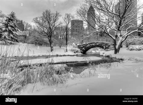 Central Park New York City Gapstow Bridge After Snow Storm Stock Photo