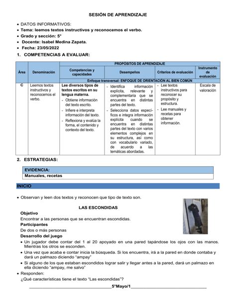 Sesion De Aprendizaje Leemos Textos Instructivosreconocemos El Verbo