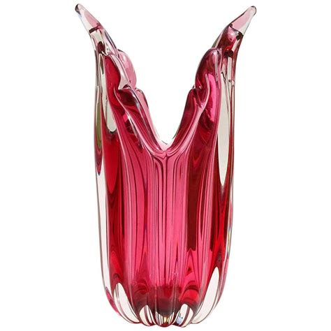 Murano Sommerso Deep Pink Italian Art Glass Ribbed Flared Wings Flower Vase At 1stdibs