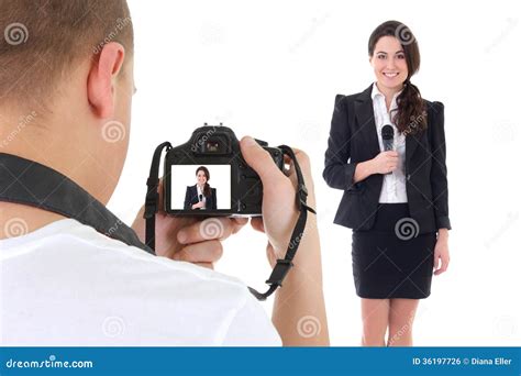 Operator With Camera And Female Reporter With Microphone Isolate