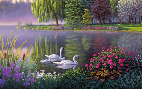 Landscape Swan Lake Trees Flowers Art Wallpaper Hd 1920x1200