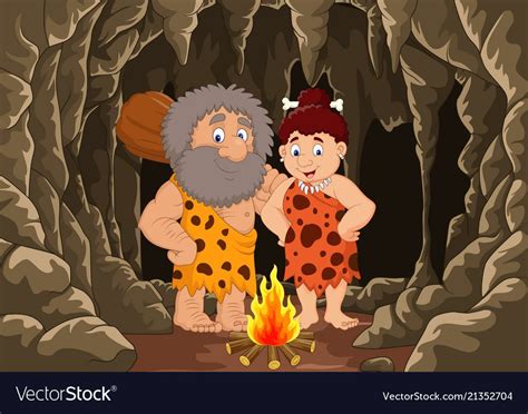 Cartoon Prehistoric Caveman Couple With Cave Backg Vector Image On