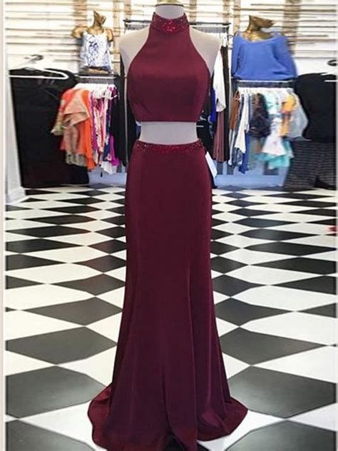 Two Piece Prom Dresses High Neck Sheath Long Burgundy Prom Dress Jkl96