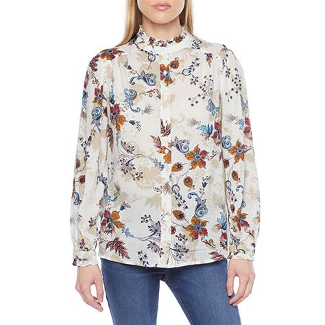St Johns Bay Womens Long Sleeve Adaptive Blouse Color Ivory Floral