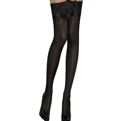 Yummy Bee Black Stockings Suspenders Opaque Thigh High Lace Top
