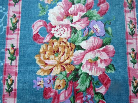 Vintage Floral Chintz Fabric Roses Blue 45 X 27